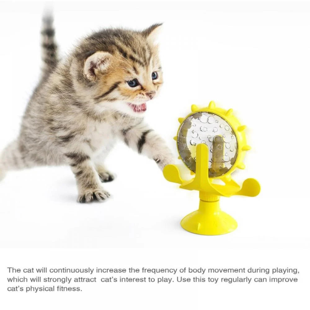 Cat Food Puzzle, Windmill Cat Toy, Turntable Food Dispenser, Multifunctional Interactive Teasing, Funny Kitten Toys Cat Leaking Food Puzzle Toy with Strong Suction Cup