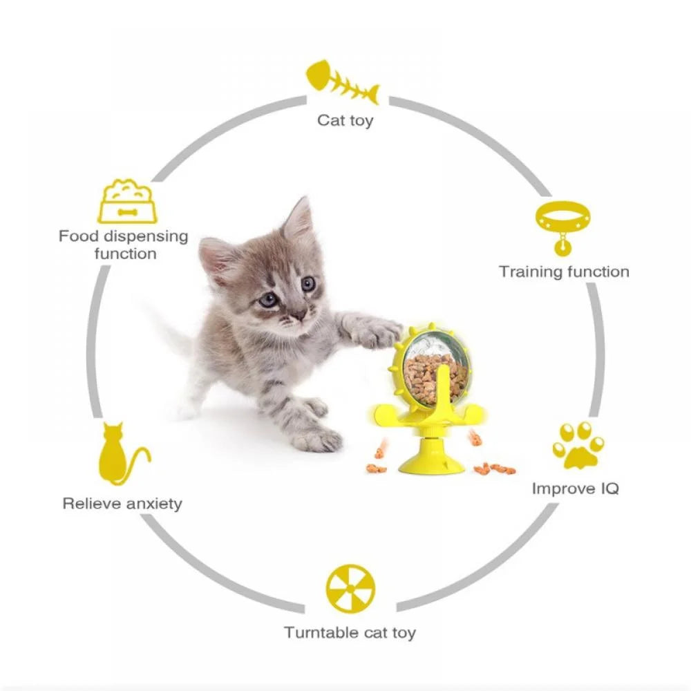 Cat Food Puzzle, Windmill Cat Toy, Turntable Food Dispenser, Multifunctional Interactive Teasing, Funny Kitten Toys Cat Leaking Food Puzzle Toy with Strong Suction Cup