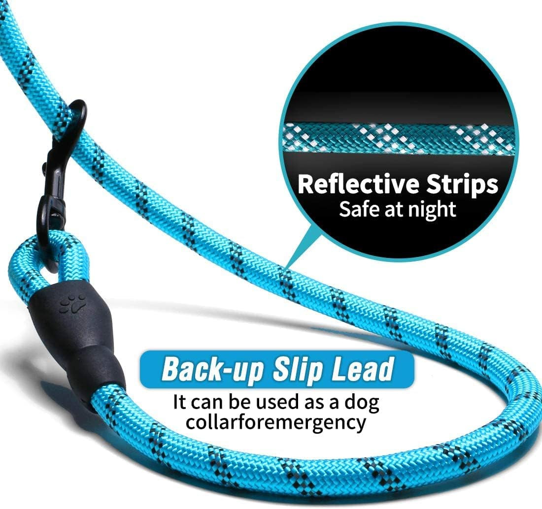 10FT Thick Durable Nylon Dog Rope - Comfortable Padded Handle Reflective Rope Leash for Medium Large Dogs with Collapsible Pet Bowl and Garbage Bags (Reflective, Blue)