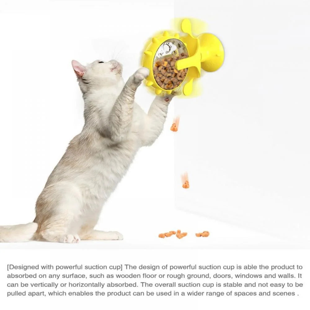 Cat Food Puzzle, Windmill Cat Toy, Turntable Food Dispenser, Multifunctional Interactive Teasing, Funny Kitten Toys Cat Leaking Food Puzzle Toy with Strong Suction Cup