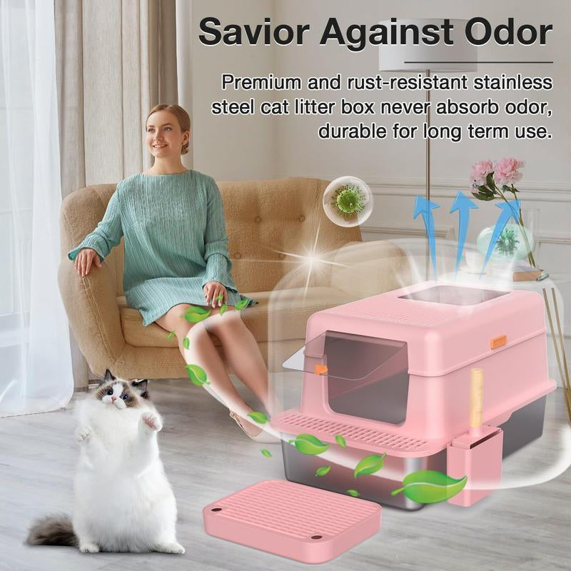 Stainless Steel Litter Pan with Lid, Extra Large Litter Pan XL, High Side Enclosed Litter Pan for Cats and Big Cats, Leak Proof Easy to Clean Box Toilet