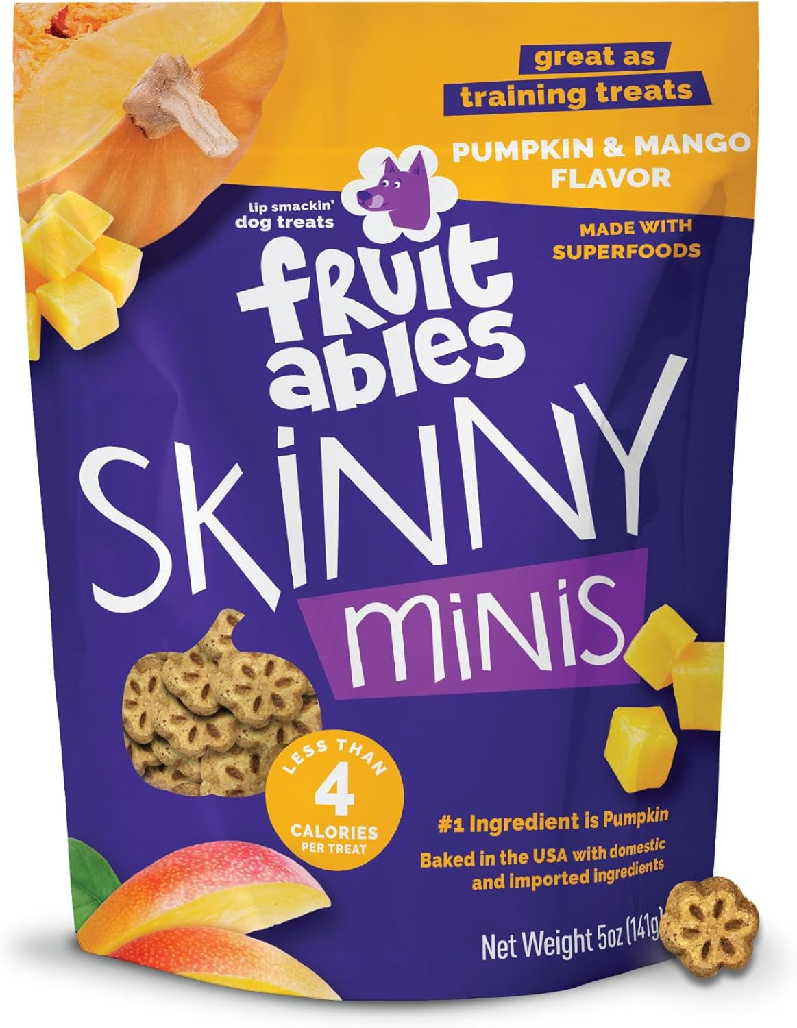 Skinny Mini Dog Treats, Healthy Pumpkin Treat for Dogs, Low Calorie & Delicious, Puppy Training, Free of Wheat, Corn and Soy, Made in the USA, Pumpkin and Mango Flavor, 5Oz