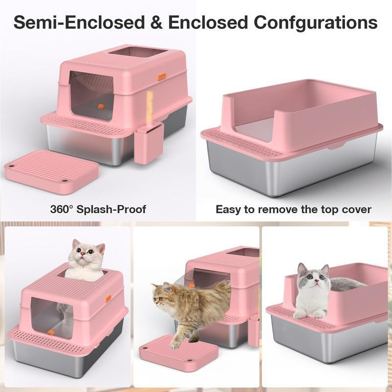 Stainless Steel Litter Pan with Lid, Extra Large Litter Pan XL, High Side Enclosed Litter Pan for Cats and Big Cats, Leak Proof Easy to Clean Box Toilet