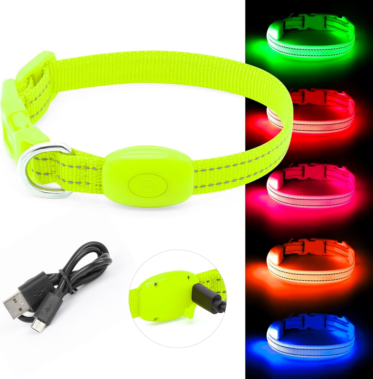 Adjustable LED Dog & Cat Collar - Rechargeable, Small Breeds, Green, 8.5-11.8 Inches, Nylon, Lightweight, Reflective, 2 Flash Modes