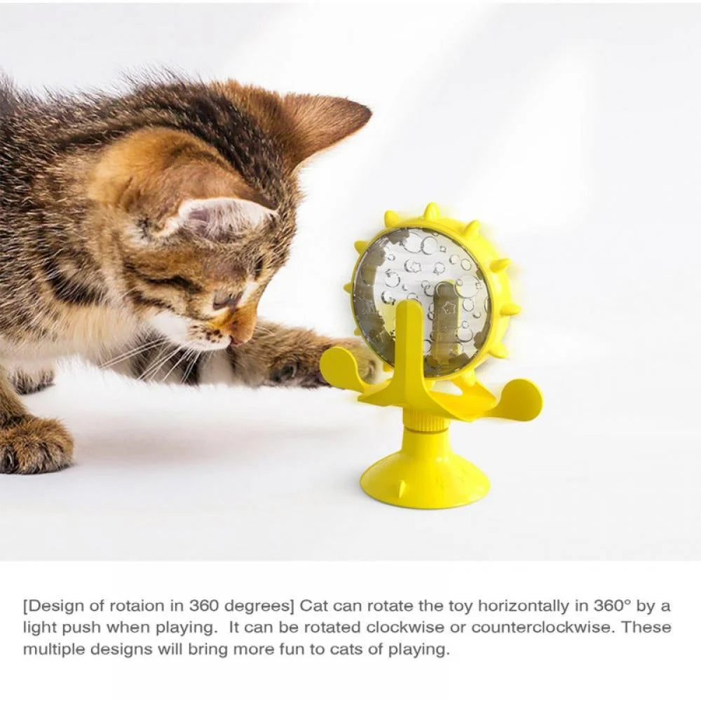 Cat Food Puzzle, Windmill Cat Toy, Turntable Food Dispenser, Multifunctional Interactive Teasing, Funny Kitten Toys Cat Leaking Food Puzzle Toy with Strong Suction Cup