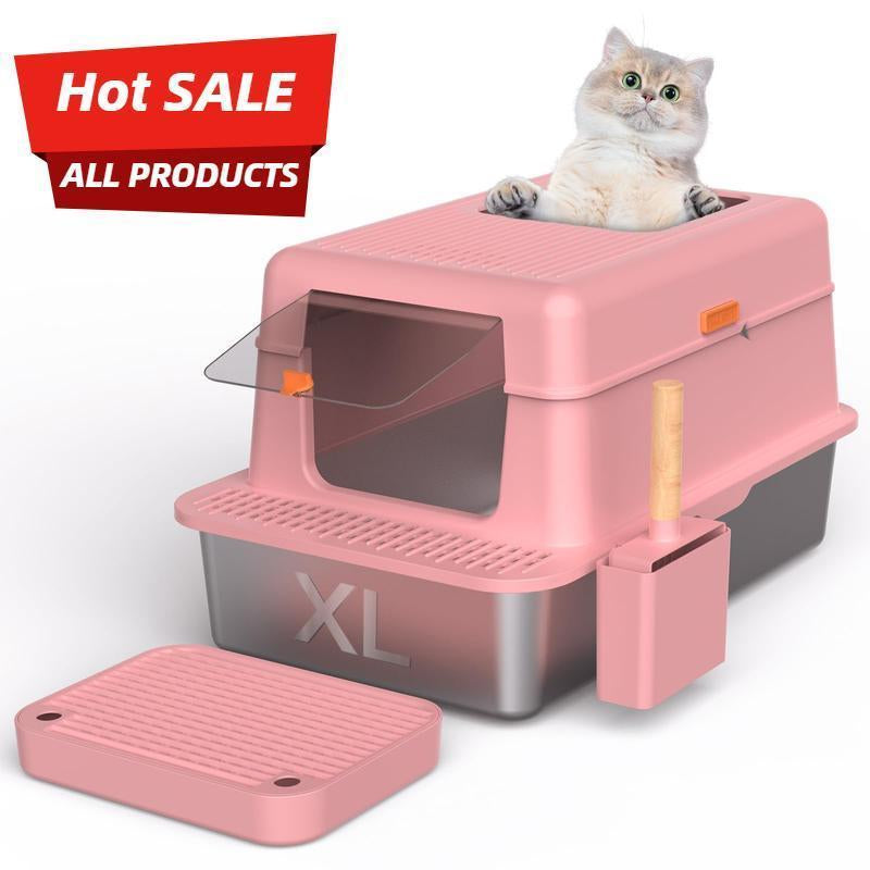 Stainless Steel Litter Pan with Lid, Extra Large Litter Pan XL, High Side Enclosed Litter Pan for Cats and Big Cats, Leak Proof Easy to Clean Box Toilet