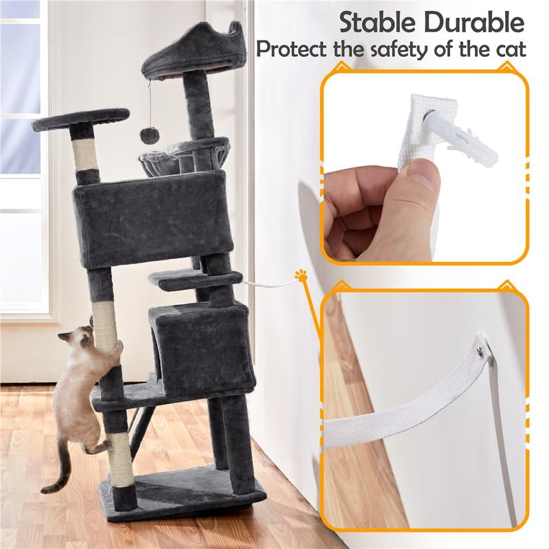 【#Fathersdaygift】Yaheetech 57'' Cat Tree Multilevel Cat Tower with 2 Condos & Dangling Ball & round Platform & Ladder