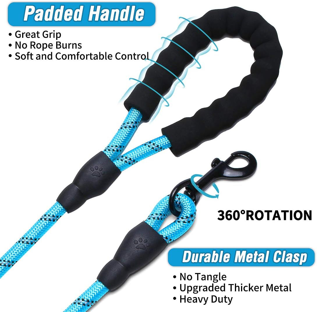 10FT Thick Durable Nylon Dog Rope - Comfortable Padded Handle Reflective Rope Leash for Medium Large Dogs with Collapsible Pet Bowl and Garbage Bags (Reflective, Blue)