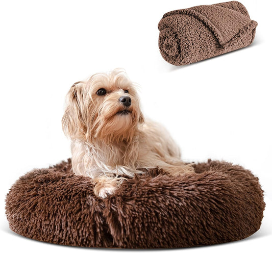 Calming Donut Pet Bed with Blanket - Comfy anti Anxiety, Fluffy Fuzzy round - for Dogs and Cats Who Love to Snuggle - Super Durable, Machine Washable, Water Resistant Base, Multiple Sizes S-XL