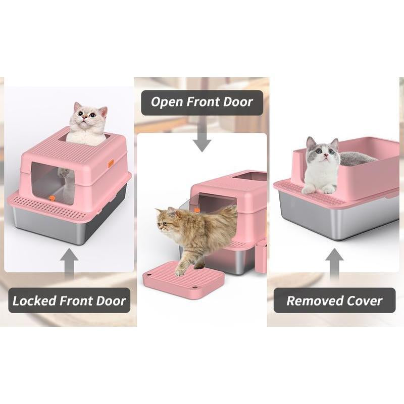 Stainless Steel Litter Pan with Lid, Extra Large Litter Pan XL, High Side Enclosed Litter Pan for Cats and Big Cats, Leak Proof Easy to Clean Box Toilet