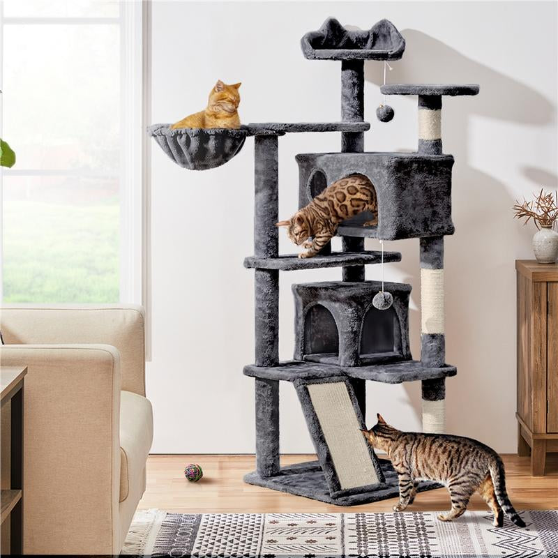 【#Fathersdaygift】Yaheetech 57'' Cat Tree Multilevel Cat Tower with 2 Condos & Dangling Ball & round Platform & Ladder