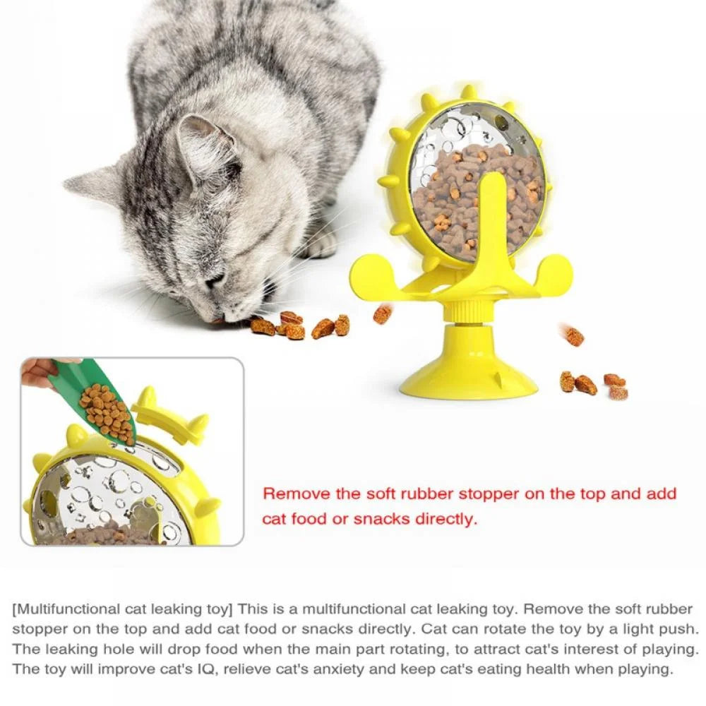 Cat Food Puzzle, Windmill Cat Toy, Turntable Food Dispenser, Multifunctional Interactive Teasing, Funny Kitten Toys Cat Leaking Food Puzzle Toy with Strong Suction Cup