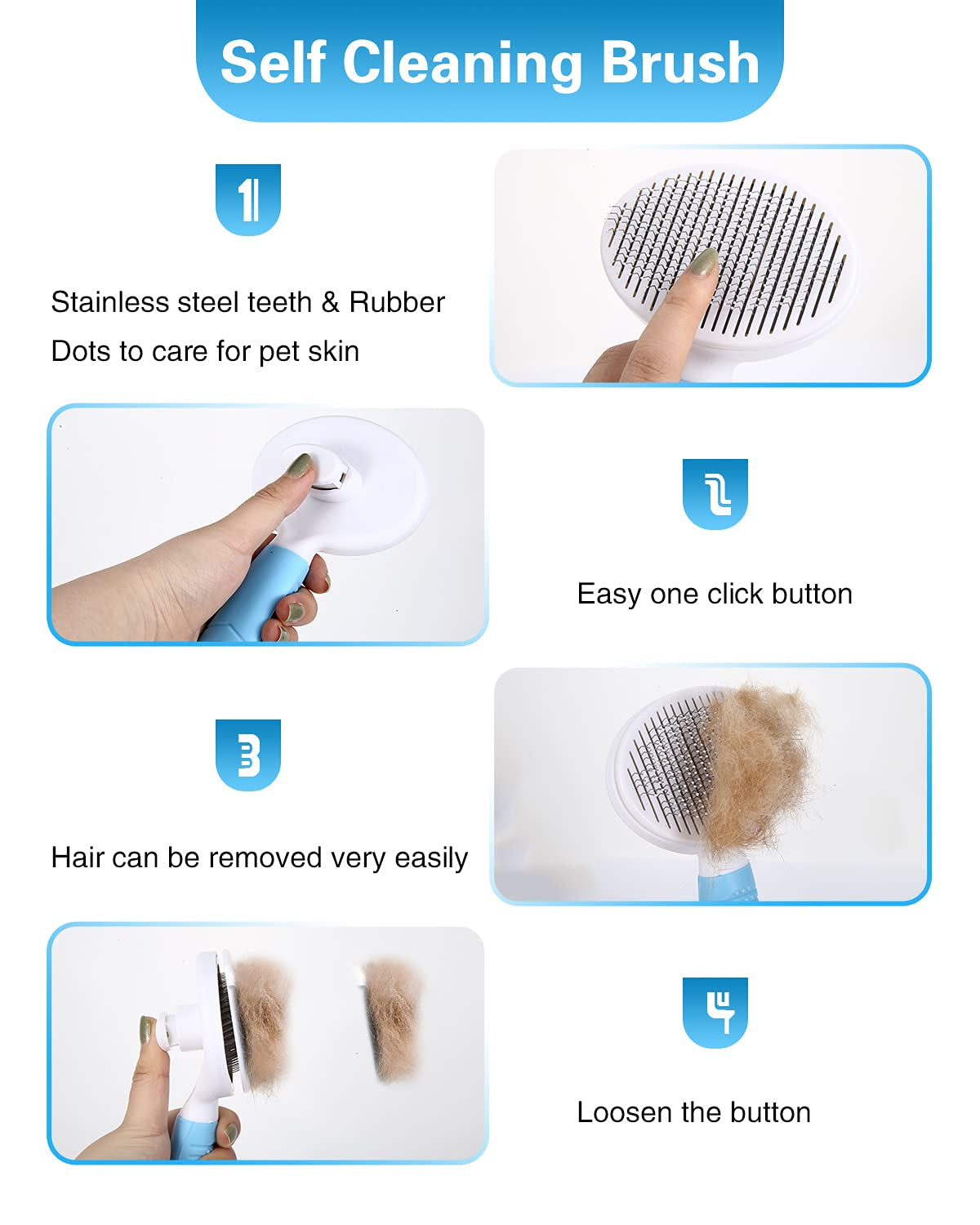 Self Cleaning Slicker Brush for Shedding and Grooming, Gently Removes Loose Undercoat, Mats Tangled Hair Pet Brush for Short and Long Hair (Blue)