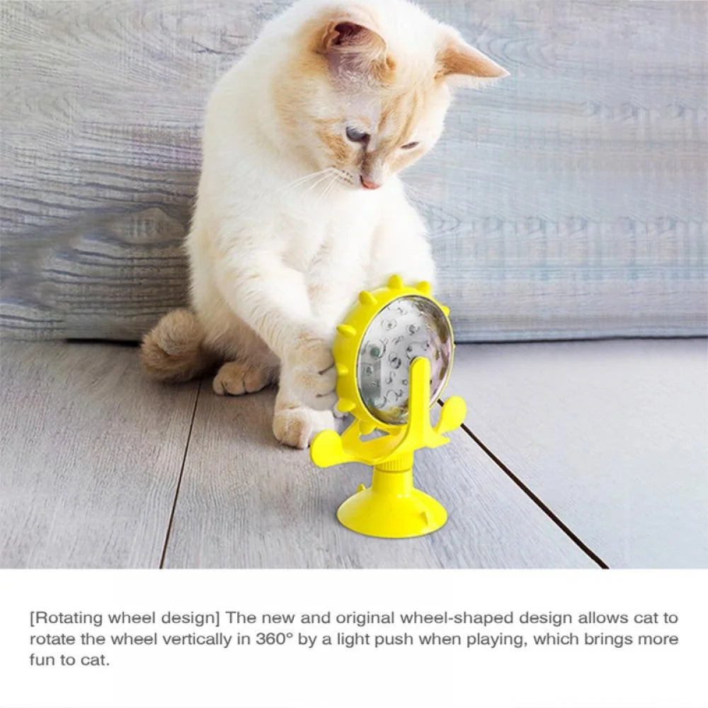 Cat Food Puzzle, Windmill Cat Toy, Turntable Food Dispenser, Multifunctional Interactive Teasing, Funny Kitten Toys Cat Leaking Food Puzzle Toy with Strong Suction Cup