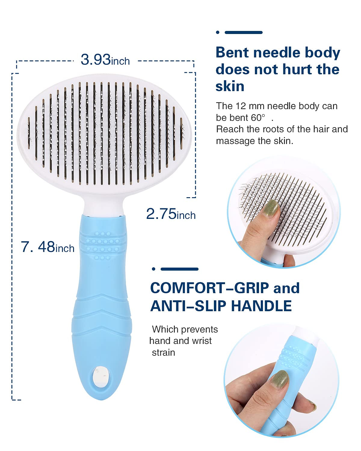 Self Cleaning Slicker Brush for Shedding and Grooming, Gently Removes Loose Undercoat, Mats Tangled Hair Pet Brush for Short and Long Hair (Blue)
