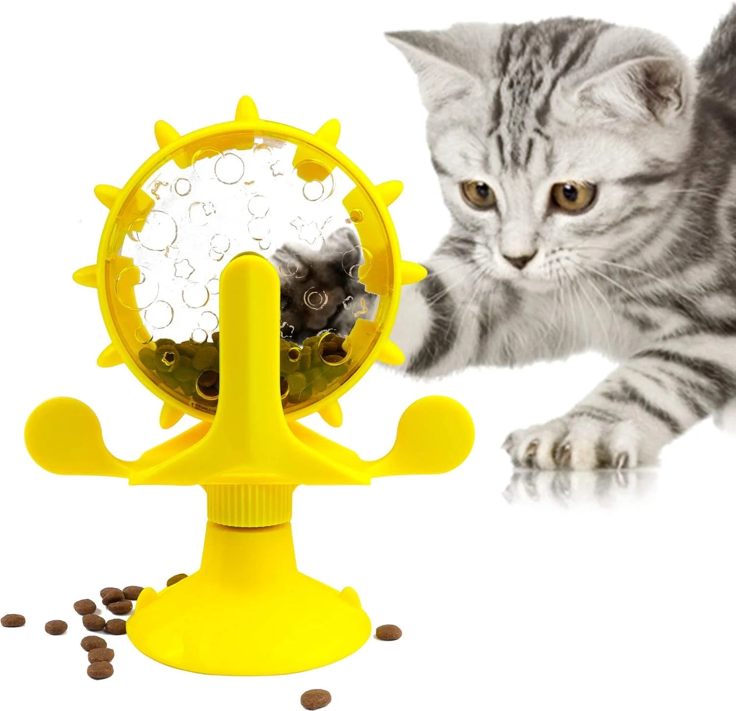 Cat Food Puzzle, Windmill Cat Toy, Turntable Food Dispenser, Multifunctional Interactive Teasing, Funny Kitten Toys Cat Leaking Food Puzzle Toy with Strong Suction Cup
