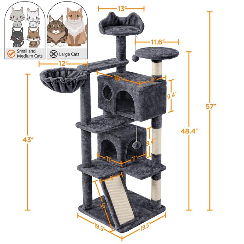 【#Fathersdaygift】Yaheetech 57'' Cat Tree Multilevel Cat Tower with 2 Condos & Dangling Ball & round Platform & Ladder