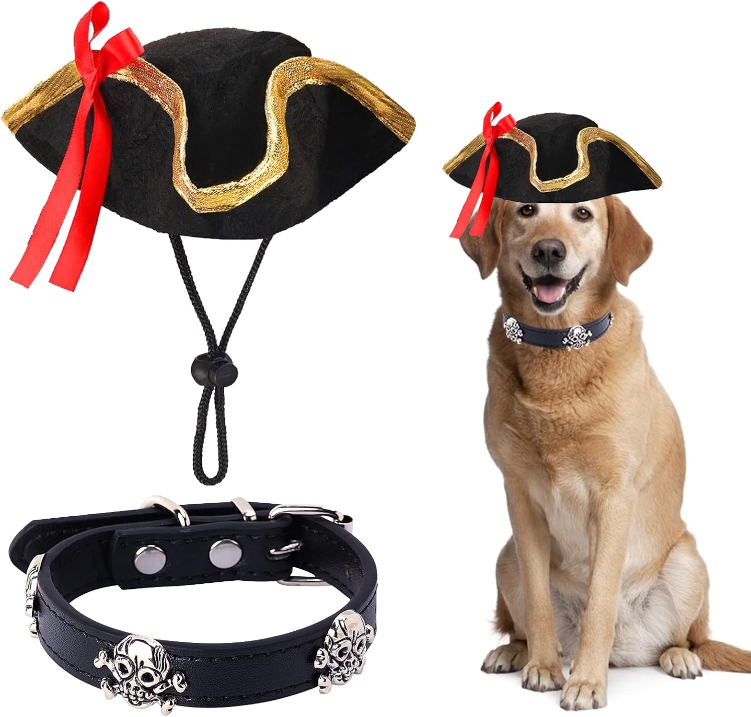 2 Pieces Pet Pirate Hat with Skull Studded Pet Leather Collar Pirate Cosplay Costume Accessories Photo Props for Cat Dog Puppy Halloween Dressing up (B)
