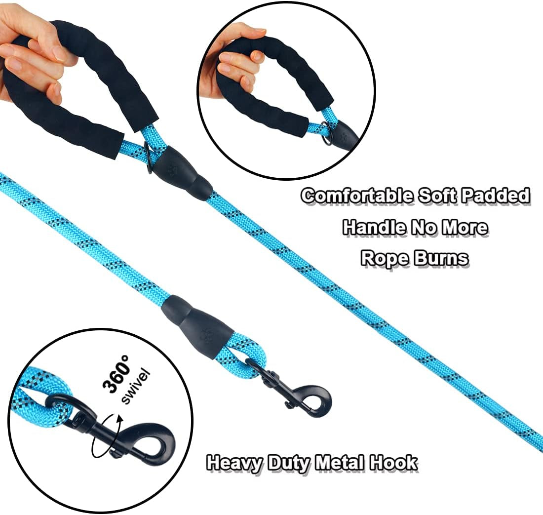 10FT Thick Durable Nylon Dog Rope - Comfortable Padded Handle Reflective Rope Leash for Medium Large Dogs with Collapsible Pet Bowl and Garbage Bags (Reflective, Blue)