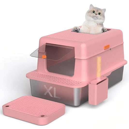 Stainless Steel Litter Pan with Lid, Extra Large Litter Pan XL, High Side Enclosed Litter Pan for Cats and Big Cats, Leak Proof Easy to Clean Box Toilet