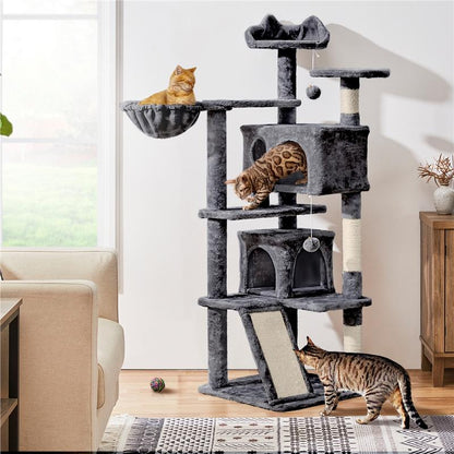 【#Fathersdaygift】Yaheetech 57'' Cat Tree Multilevel Cat Tower with 2 Condos & Dangling Ball & round Platform & Ladder